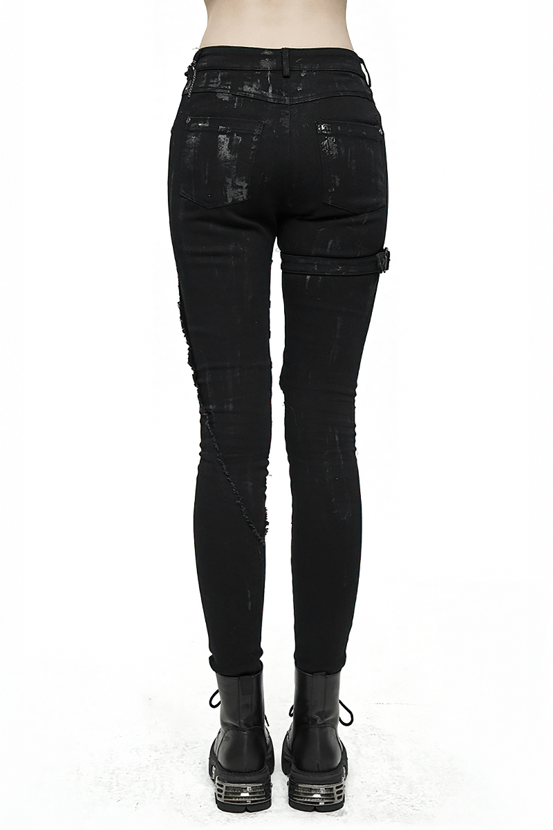 Unique Womens SteamPunk Mottled Jeans Streetwear / Skinny Black Denim Trousers