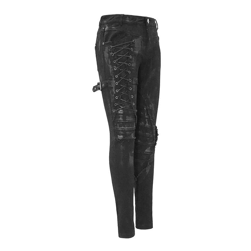 Unique Womens SteamPunk Mottled Jeans Streetwear / Skinny Black Denim Trousers