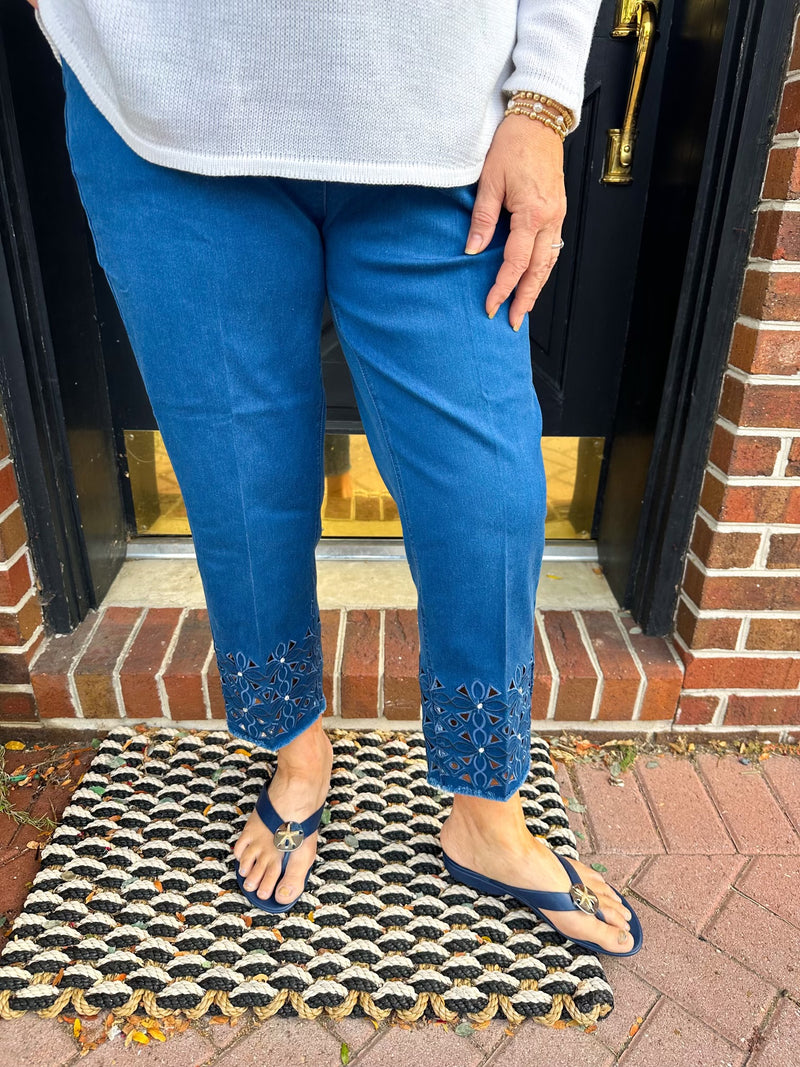 Lulu B Dark Wash Denim Sparkle Flower Capri