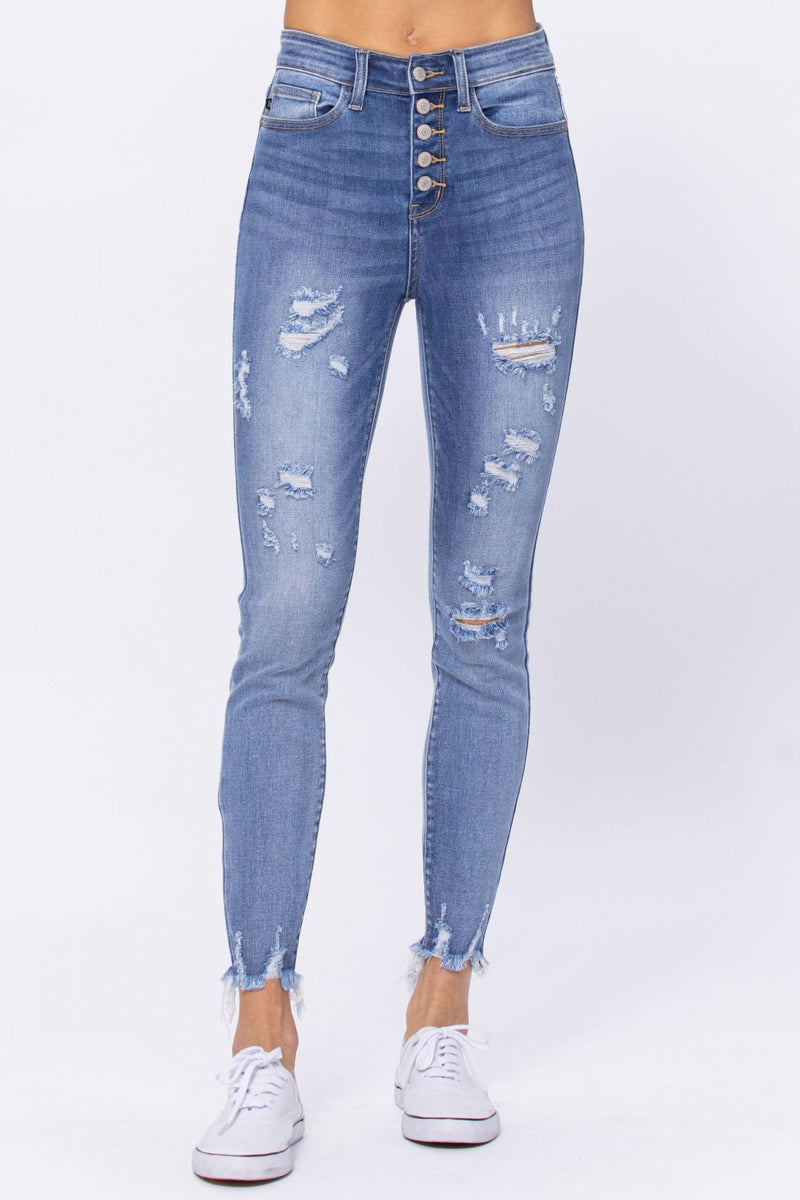 Judy Blue High Waist Destroyed Button Fly Skinny Denim Jeans 82263