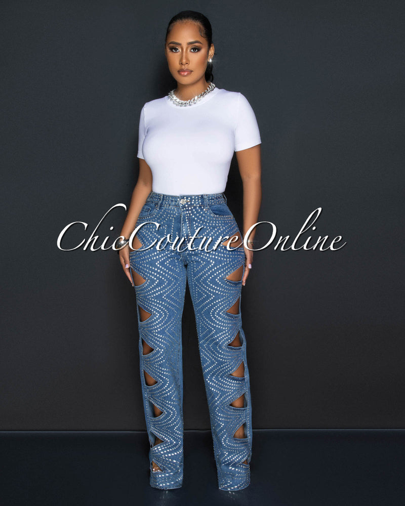 *Ketty Medium Denim Rhinestones Cut-Out Jeans