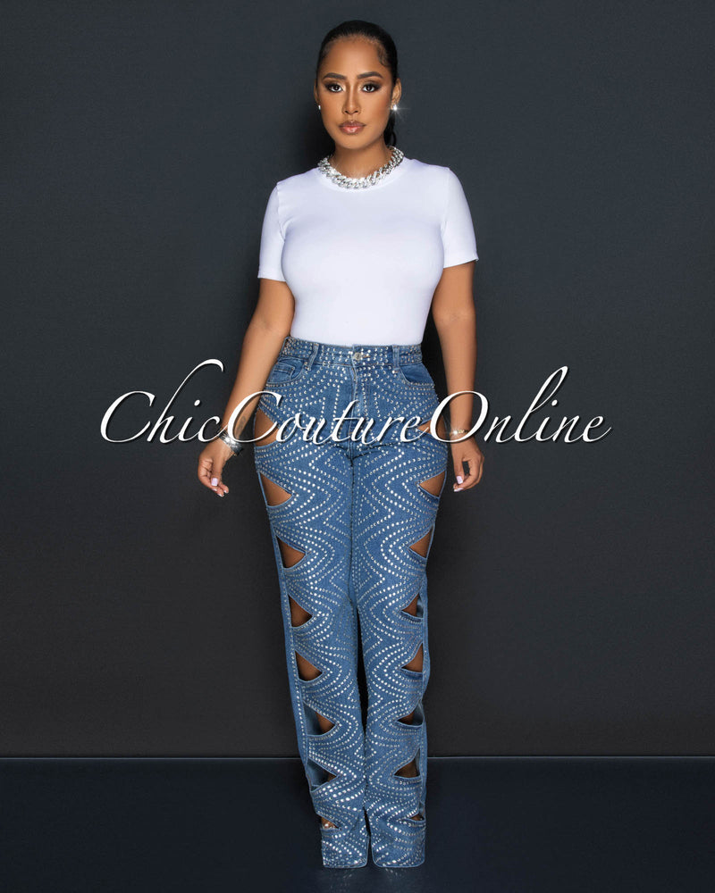 *Ketty Medium Denim Rhinestones Cut-Out Jeans
