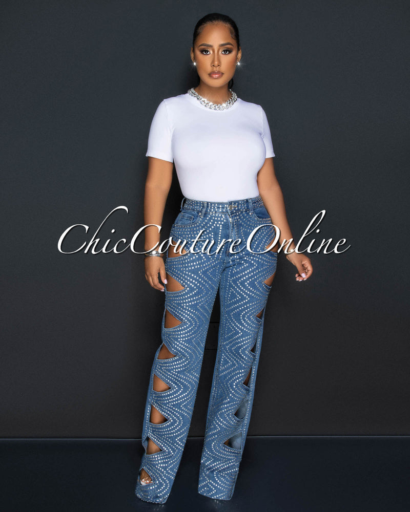 *Ketty Medium Denim Rhinestones Cut-Out Jeans