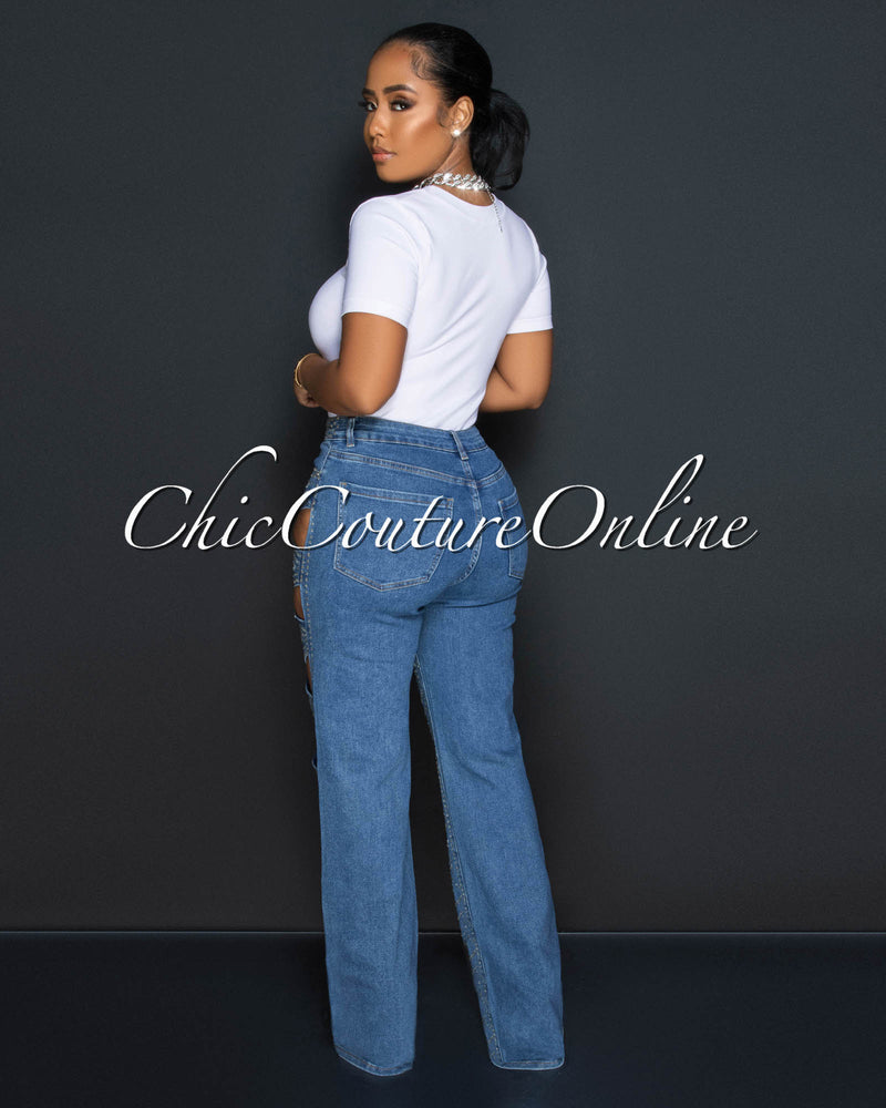 *Ketty Medium Denim Rhinestones Cut-Out Jeans