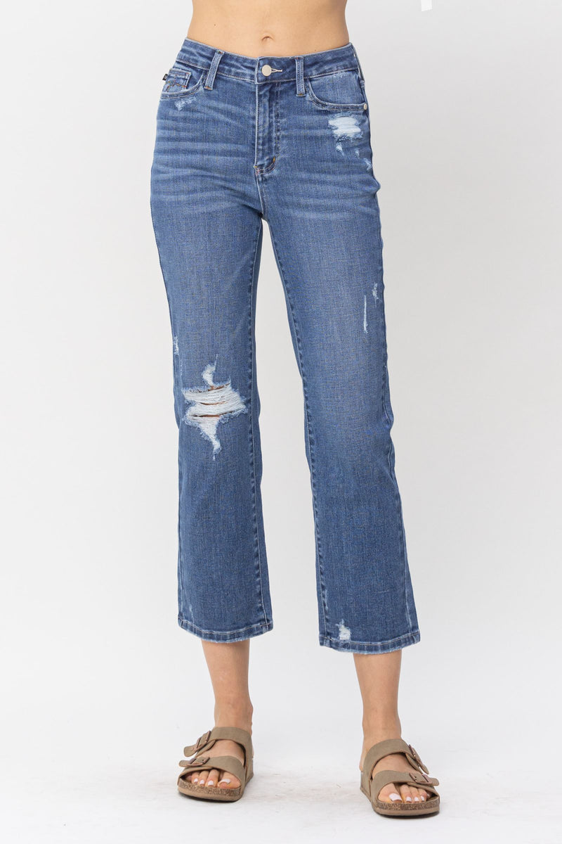 Judy Blue High Waist Destroy and Pocket Hem Embroidery Ankle Straight Denim Jeans 88610
