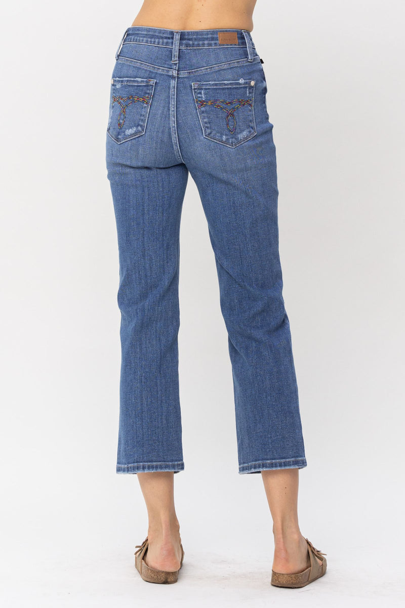 Judy Blue High Waist Destroy and Pocket Hem Embroidery Ankle Straight Denim Jeans 88610