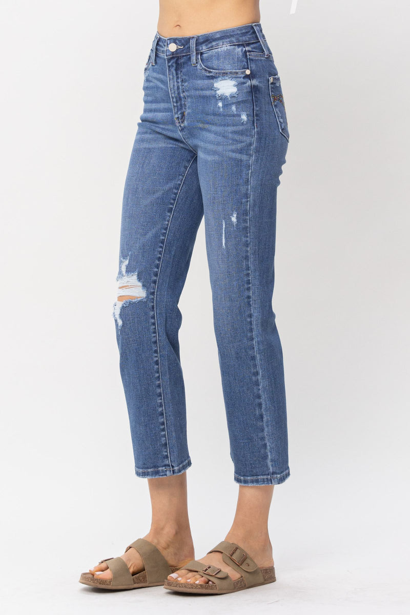 Judy Blue High Waist Destroy and Pocket Hem Embroidery Ankle Straight Denim Jeans 88610