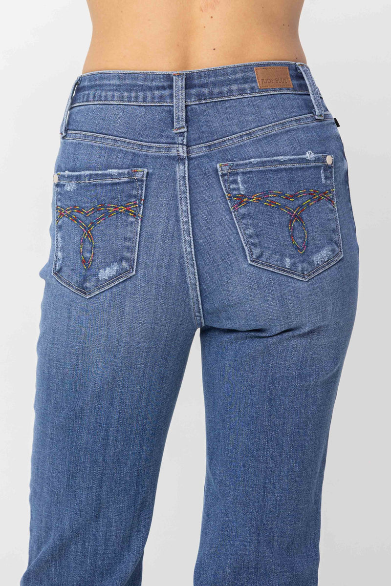 Judy Blue High Waist Destroy and Pocket Hem Embroidery Ankle Straight Denim Jeans 88610
