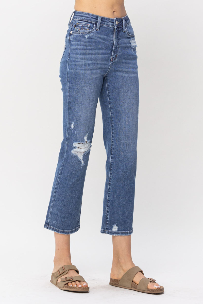 Judy Blue High Waist Destroy and Pocket Hem Embroidery Ankle Straight Denim Jeans 88610