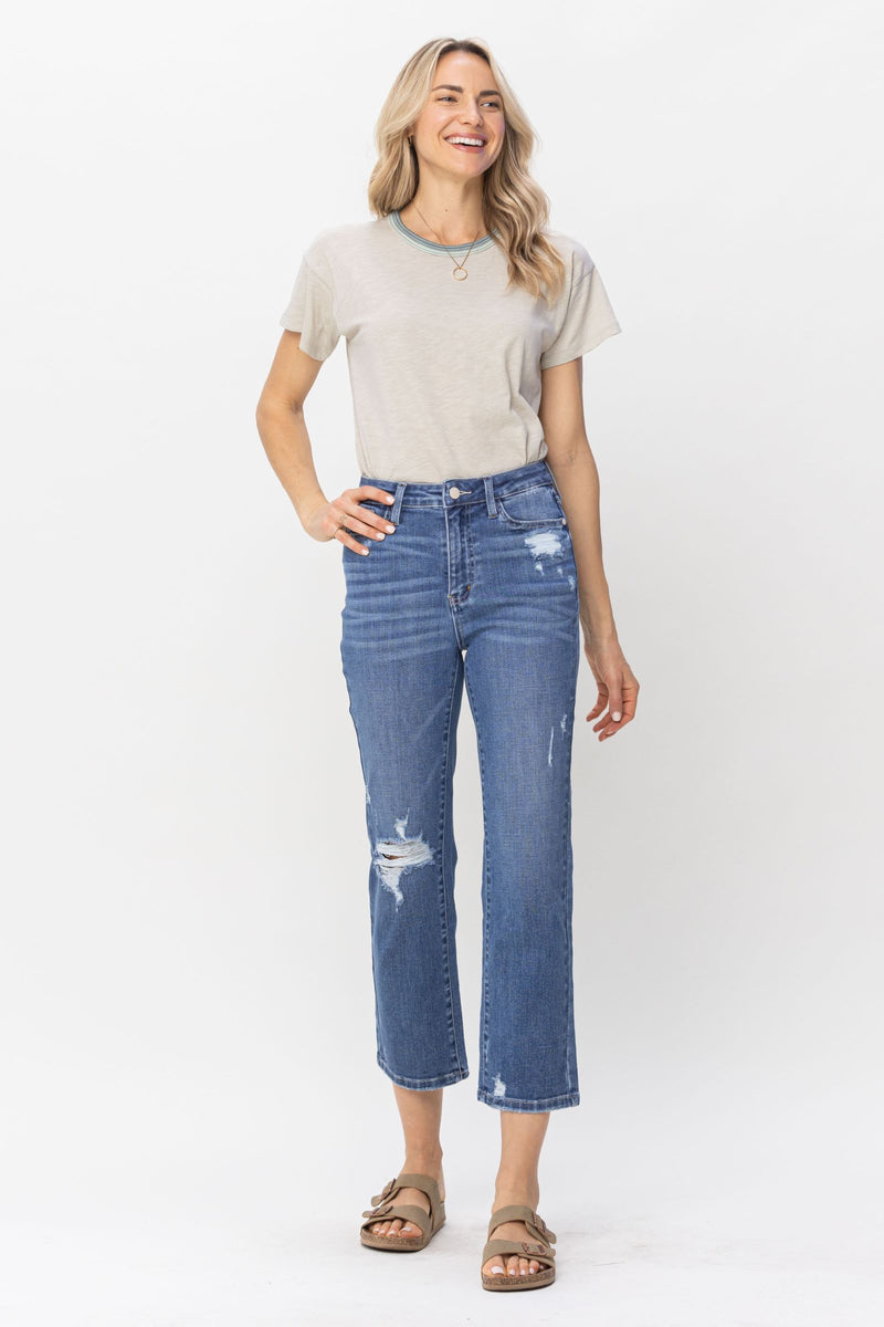 Judy Blue High Waist Destroy and Pocket Hem Embroidery Ankle Straight Denim Jeans 88610
