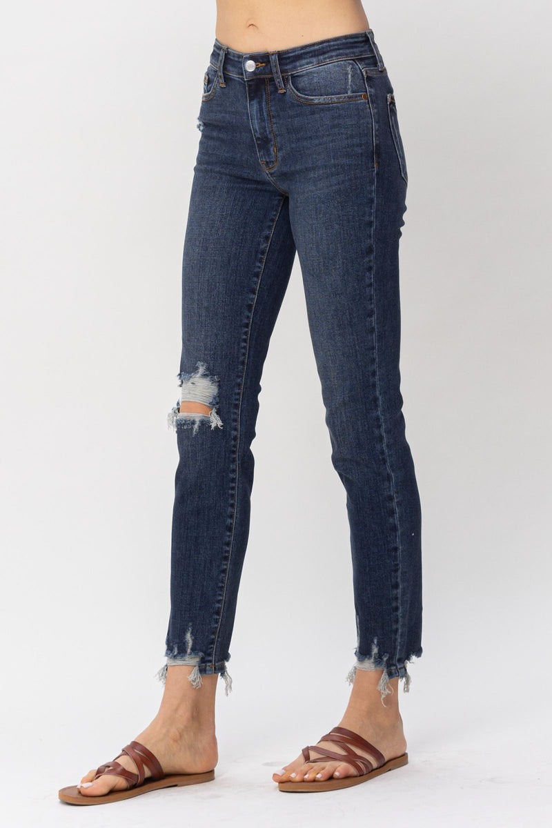Judy Blue Mid Rise Chopped Hem Relaxed Denim Jeans 82446