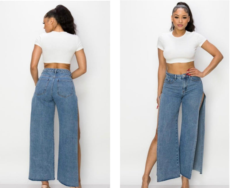 Side Slit Wide Denim Jeans