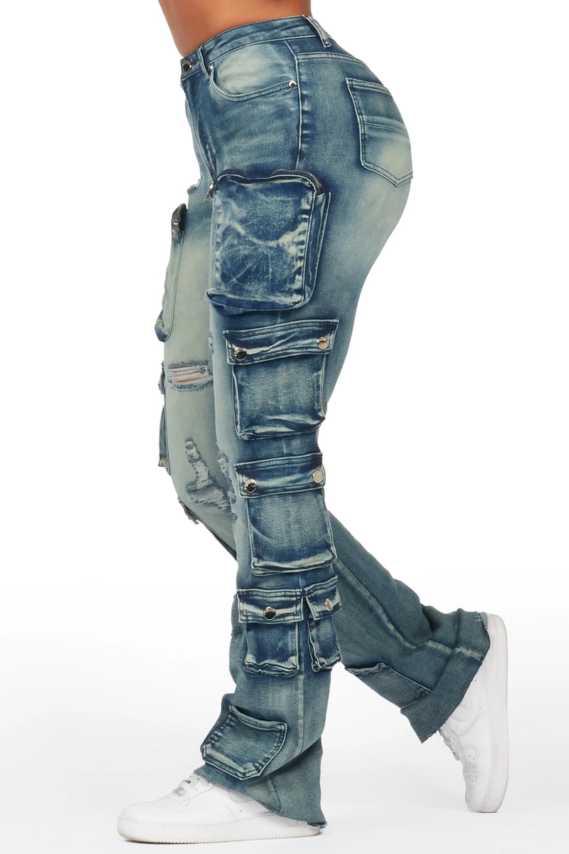 Octavie 2.0 Tinted Dark Wash Cargo Stacked Flare Jean
