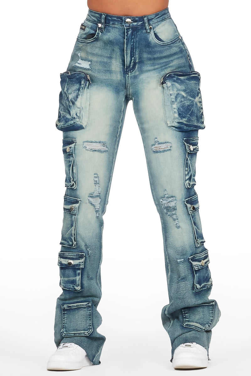 Octavie 2.0 Tinted Dark Wash Cargo Stacked Flare Jean