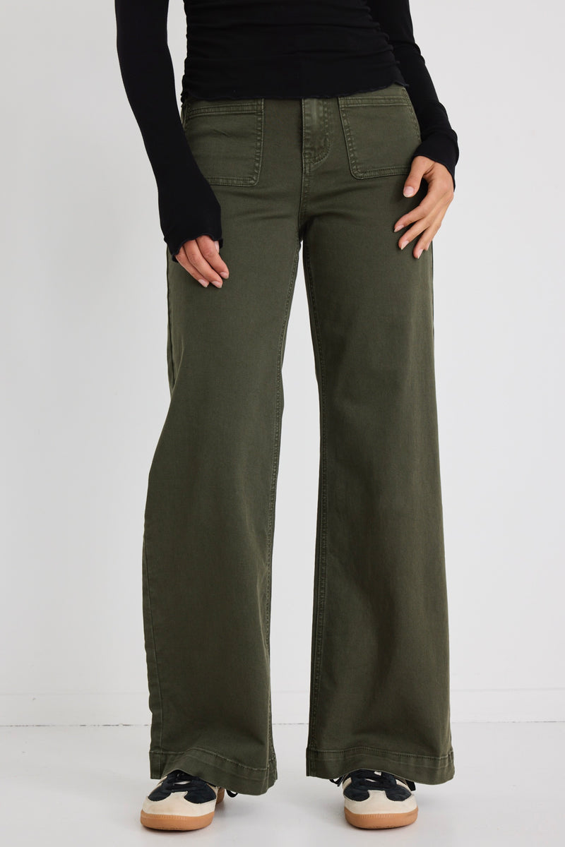 Zoey Dark Khaki High Rise Wide Leg Pocket Jean