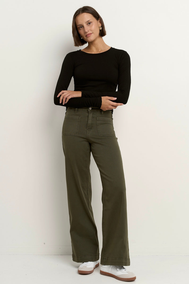Zoey Dark Khaki High Rise Wide Leg Pocket Jean