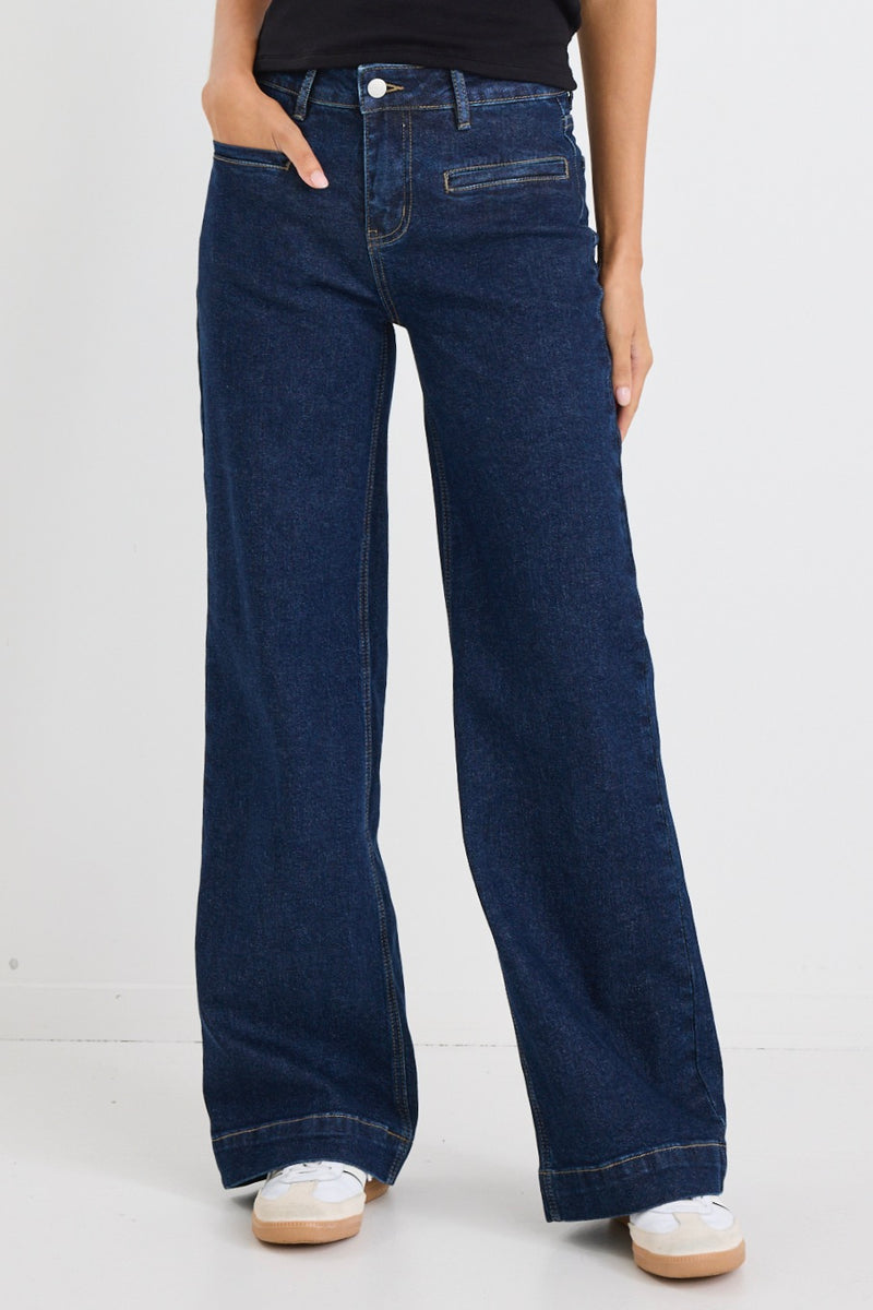 Concert Indigo Mid Rise Wide Leg Pocket Jean