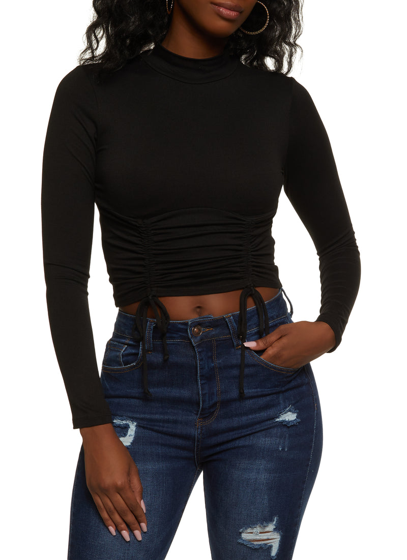 Mock Neck Ruched Long Sleeve Crop Top