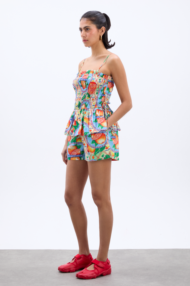 pull on shorts - orange fruit wrapper