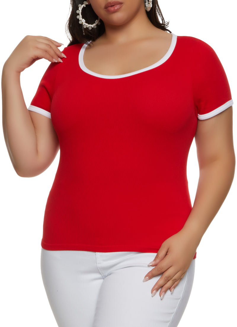 Plus Size Rib Knit Seamless Ringer Tee