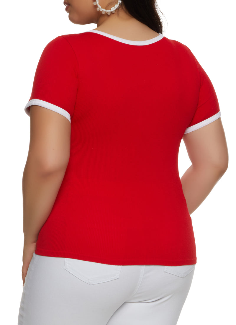 Plus Size Rib Knit Seamless Ringer Tee