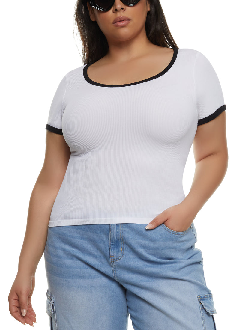 Plus Size Rib Knit Seamless Ringer Tee
