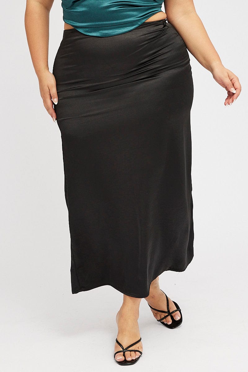 Black Satin Split Maxi Skirt