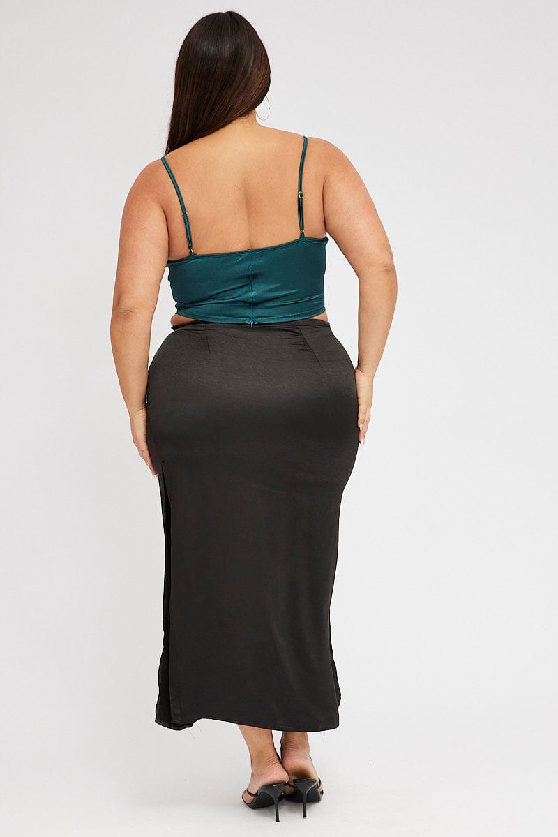 Black Satin Split Maxi Skirt