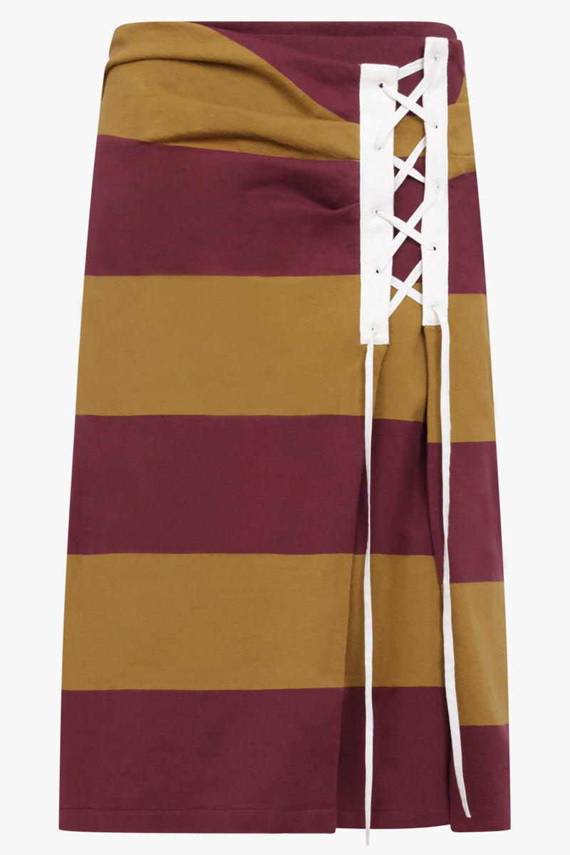 Cross Stitch Tie Side Detail Stripe Midi Skirt | Mustard
