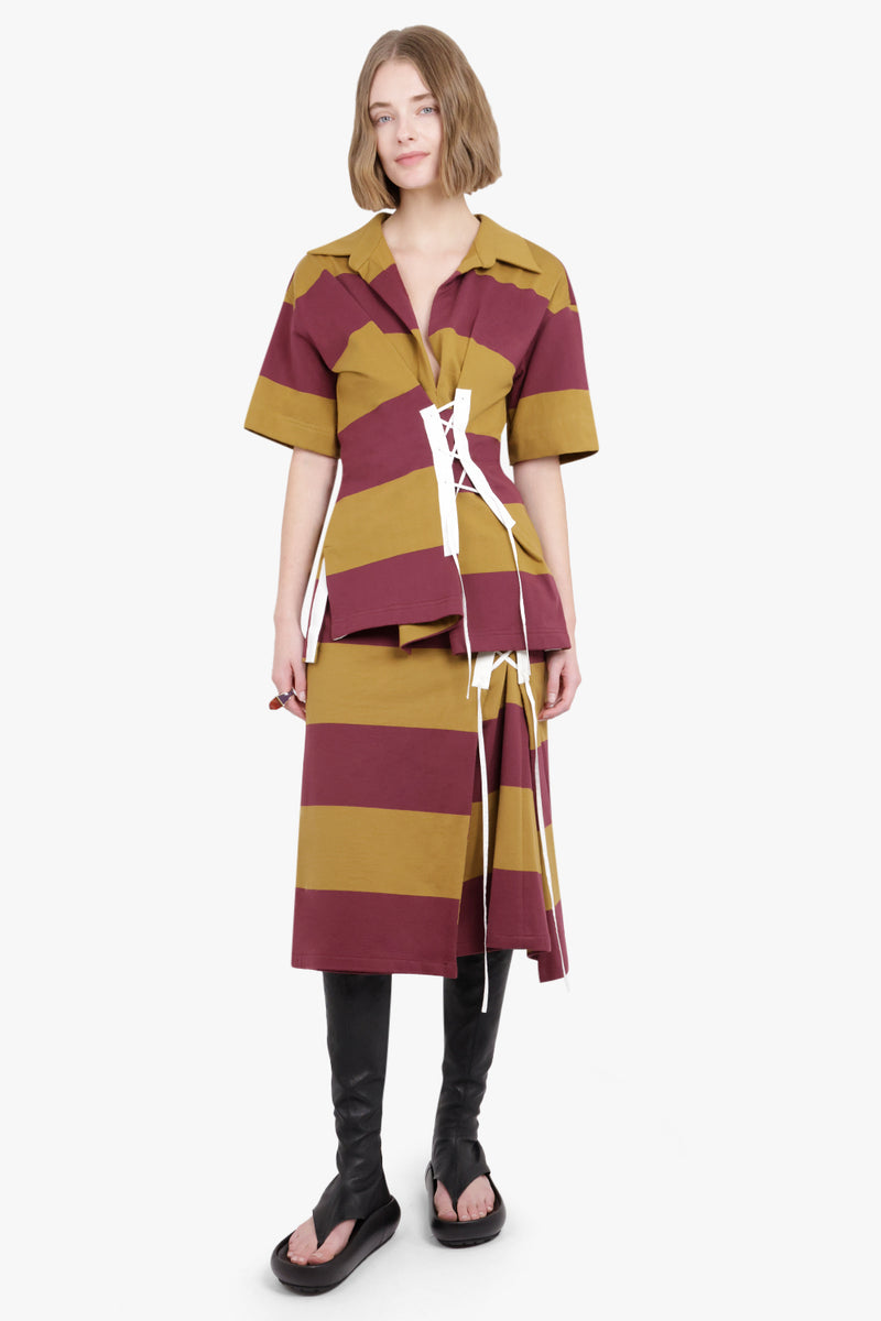 Cross Stitch Tie Side Detail Stripe Midi Skirt | Mustard