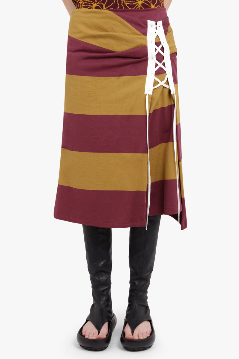 Cross Stitch Tie Side Detail Stripe Midi Skirt | Mustard