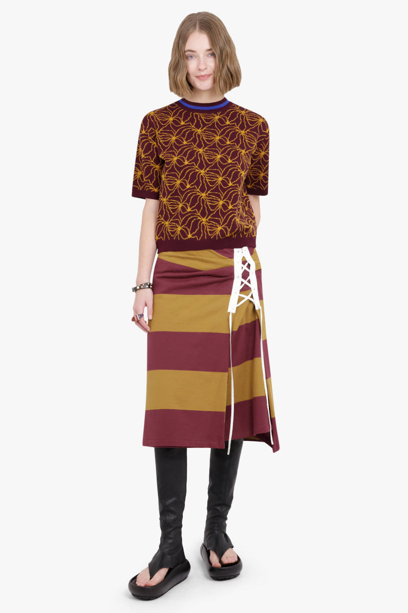 Cross Stitch Tie Side Detail Stripe Midi Skirt | Mustard